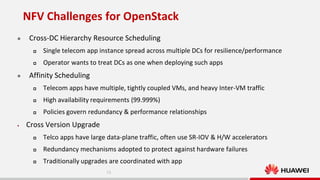 NFV Challenges for OpenStack


Cross-DC Hierarchy Resource Scheduling





Single telecom app instance spread across multiple DCs for resilience/performance
Operator wants to treat DCs as one when deploying such apps

Affinity Scheduling



High availability requirements (99.999%)



•

Telecom apps have multiple, tightly coupled VMs, and heavy Inter-VM traffic
Policies govern redundancy & performance relationships

Cross Version Upgrade


Telco apps have large data-plane traffic, often use SR-IOV & H/W accelerators



Redundancy mechanisms adopted to protect against hardware failures



Traditionally upgrades are coordinated with app
13

 