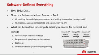 Software-Defined Everything


SDN, SDS, SDDC…



Cloud – a Software-defined Resource Pool





Virtualizing the underlying components and making it accessible through an API
Abstraction, aggregation(pooled), and automation via API

What has been done for compute is being repeated for network and
storage

Compute API



Virtualization and consolidation



Programmatic provision, orchestration



Scale-out



Commoditization (standard components)
2

Storage API

Network API

Virtual
Machines

Virtual
Storage

Virtual
Networks

 