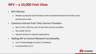 NFV – a 10,000 Feet View


NFV Mission


Replace purposely-built hardware with standard hardware for better price
performance ratio



Common Interest from Telco Service Providers



No vendor lock-in





Born in Oct. 2012 by a list of top Telco service providers
Apache family for network applications

Adding API to Control Network Functionality


use IT methodology to solve CT problems



Functionalities L4-L7
4

 