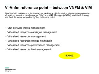 Vi-Vnfm reference point – between VNFM & VIM
The Vi-Vnfm reference point is used for exchange of information elements between the
Virtualized Infrastructure Manager (VIM) and VNF Manager (VNFM), and the following
are the interfaces supported by this reference point:
• VNF software image management
• Virtualised resources catalogue management
• Virtualised resources management
• Virtualised resources change notification
• Virtualised resources performance management
• Virtualised resources fault management
IFA006
 