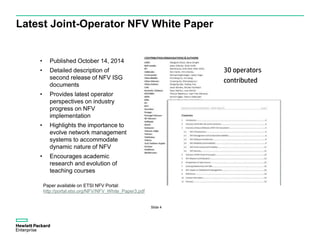 Latest Joint-Operator NFV White Paper
• Published October 14, 2014
• Detailed description of
second release of NFV ISG
documents
• Provides latest operator
perspectives on industry
progress on NFV
implementation
• Highlights the importance to
evolve network management
systems to accommodate
dynamic nature of NFV
• Encourages academic
research and evolution of
teaching courses
Paper available on ETSI NFV Portal:
http://portal.etsi.org/NFV/NFV_White_Paper3.pdf
Slide 4
30 operators
contributed
 