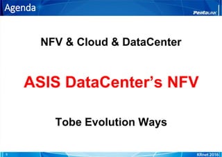 Agenda
9
NFV & Cloud & DataCenter
ASIS DataCenter’s NFV
Tobe Evolution Ways
 