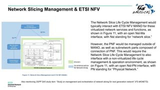 Network Slicing Management & ETSI NFV
Also mentioning 3GPP SA5 study item: “Study on management and orchestration of network slicing for next generation network” (FS-MONETS).
The Network Slice Life Cycle Management would
typically interact with ETSI NFV MANO for these
virtualized network services and functions, as
shown in Figure 11, with an open Nsl-Ma
interface, with Nsl standing for “network slice.”
However, the PNF would be managed outside of
MANO, as well as subnetwork parts composed of
connection of PNF. This would require the
Network Slice Life Cycle Management to also
interface with a non-virtualized life cycle
management & operation environment, as shown
on Figure 11, with an open Nsl-PN interface, with
PN standing for “Physical Network.”
 