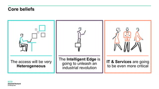 Core beliefs
The access will be very
Heterogeneous
The Intelligent Edge is
going to unleash an
industrial revolution
IT & Services are going
to be even more critical
 