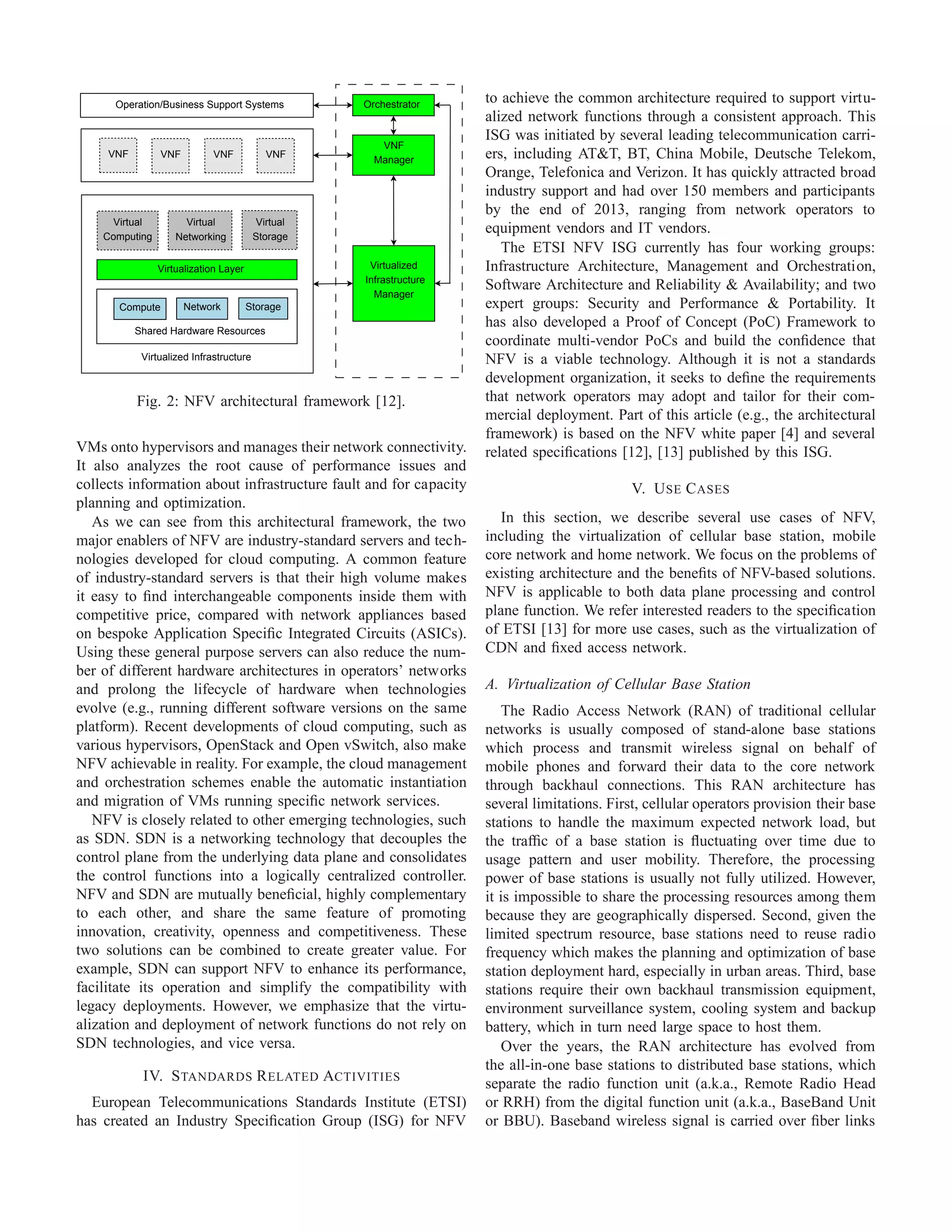 Virtual
Computing
Virtual
Networking
Virtual
Storage
Virtualization Layer
Compute Network Storage
Shared Hardware Resources
VNF VNFVNFVNF
Operation/Business Support Systems Orchestrator
VNF
Manager
Virtualized
Infrastructure
Manager
Virtualized Infrastructure
Fig. 2: NFV architectural framework [12].
VMs onto hypervisors and manages their network connectivity.
It also analyzes the root cause of performance issues and
collects information about infrastructure fault and for capacity
planning and optimization.
As we can see from this architectural framework, the two
major enablers of NFV are industry-standard servers and tech-
nologies developed for cloud computing. A common feature
of industry-standard servers is that their high volume makes
it easy to ﬁnd interchangeable components inside them with
competitive price, compared with network appliances based
on bespoke Application Speciﬁc Integrated Circuits (ASICs).
Using these general purpose servers can also reduce the num-
ber of different hardware architectures in operators’ networks
and prolong the lifecycle of hardware when technologies
evolve (e.g., running different software versions on the same
platform). Recent developments of cloud computing, such as
various hypervisors, OpenStack and Open vSwitch, also make
NFV achievable in reality. For example, the cloud management
and orchestration schemes enable the automatic instantiation
and migration of VMs running speciﬁc network services.
NFV is closely related to other emerging technologies, such
as SDN. SDN is a networking technology that decouples the
control plane from the underlying data plane and consolidates
the control functions into a logically centralized controller.
NFV and SDN are mutually beneﬁcial, highly complementary
to each other, and share the same feature of promoting
innovation, creativity, openness and competitiveness. These
two solutions can be combined to create greater value. For
example, SDN can support NFV to enhance its performance,
facilitate its operation and simplify the compatibility with
legacy deployments. However, we emphasize that the virtu-
alization and deployment of network functions do not rely on
SDN technologies, and vice versa.
IV. STANDARDS RELATED ACTIVITIES
European Telecommunications Standards Institute (ETSI)
has created an Industry Speciﬁcation Group (ISG) for NFV
to achieve the common architecture required to support virtu-
alized network functions through a consistent approach. This
ISG was initiated by several leading telecommunication carri-
ers, including AT&T, BT, China Mobile, Deutsche Telekom,
Orange, Telefonica and Verizon. It has quickly attracted broad
industry support and had over 150 members and participants
by the end of 2013, ranging from network operators to
equipment vendors and IT vendors.
The ETSI NFV ISG currently has four working groups:
Infrastructure Architecture, Management and Orchestration,
Software Architecture and Reliability & Availability; and two
expert groups: Security and Performance & Portability. It
has also developed a Proof of Concept (PoC) Framework to
coordinate multi-vendor PoCs and build the conﬁdence that
NFV is a viable technology. Although it is not a standards
development organization, it seeks to deﬁne the requirements
that network operators may adopt and tailor for their com-
mercial deployment. Part of this article (e.g., the architectural
framework) is based on the NFV white paper [4] and several
related speciﬁcations [12], [13] published by this ISG.
V. USE CASES
In this section, we describe several use cases of NFV,
including the virtualization of cellular base station, mobile
core network and home network. We focus on the problems of
existing architecture and the beneﬁts of NFV-based solutions.
NFV is applicable to both data plane processing and control
plane function. We refer interested readers to the speciﬁcation
of ETSI [13] for more use cases, such as the virtualization of
CDN and ﬁxed access network.
A. Virtualization of Cellular Base Station
The Radio Access Network (RAN) of traditional cellular
networks is usually composed of stand-alone base stations
which process and transmit wireless signal on behalf of
mobile phones and forward their data to the core network
through backhaul connections. This RAN architecture has
several limitations. First, cellular operators provision their base
stations to handle the maximum expected network load, but
the trafﬁc of a base station is ﬂuctuating over time due to
usage pattern and user mobility. Therefore, the processing
power of base stations is usually not fully utilized. However,
it is impossible to share the processing resources among them
because they are geographically dispersed. Second, given the
limited spectrum resource, base stations need to reuse radio
frequency which makes the planning and optimization of base
station deployment hard, especially in urban areas. Third, base
stations require their own backhaul transmission equipment,
environment surveillance system, cooling system and backup
battery, which in turn need large space to host them.
Over the years, the RAN architecture has evolved from
the all-in-one base stations to distributed base stations, which
separate the radio function unit (a.k.a., Remote Radio Head
or RRH) from the digital function unit (a.k.a., BaseBand Unit
or BBU). Baseband wireless signal is carried over ﬁber links
 