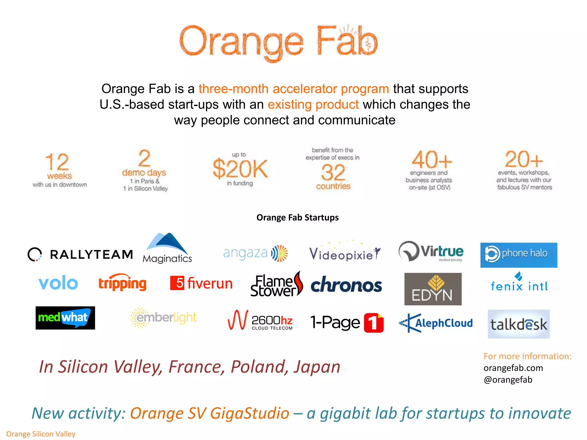 Orange Fab Startups 
Orange Fab is a three-month accelerator program that supports 
U.S.-based start-ups with an existing product which changes the 
way people connect and communicate 
For more information: 
orangefab.com 
@orangefab 
In Silicon Valley, France, Poland, Japan 
New activity: Orange SV GigaStudio – a gigabit lab for startups to innovate 
Orange Silicon Valley 
 