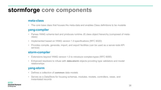 stormforge core components
38
meta-class
• The core base class that houses the meta-data and enables Class definitions to be mutable
yang-compiler
• Parses YANG schema text and produces runtime JS class object hierarchy (composed of meta-
class)
• Implemented based on YANG version 1.0 specifications (RFC 6020)
• Provides compile, generate, import, and export facilities (can be used as a server-side API
service)
storm-compiler
• Extensions beyond YANG version 1.0 to introduce complex-types (RFC 6095)
• Enhanced resolvers to infuse with data-storm objects providing type validators and model
relationships
yang-storm
• Defines a collection of common data models
• Serves as a DataStore for housing schemas, modules, models, controllers, views, and
instantiated records
 