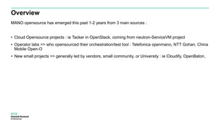 Overview
MANO opensource has emerged this past 1-2 years from 3 main sources :
• Cloud Opensource projects : ie Tacker in OpenStack, coming from neutron-ServiceVM project
• Operator labs => who opensourced their orchestration/test tool : Telefonica openmano, NTT Gohan, China
Mobile Open-O
• New small projects => generally led by vendors, small community, or University : ie Cloudify, OpenBaton,
 