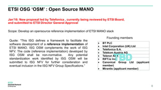 ETSI OSG ‘OSM’ : Open Source MANO
6
Jan’16: New proposal led by Telefonica , currently being reviewed by ETSI Board,
and submitted to ETSI Director General Approval
Scope: Develop an opensource reference implementation of ETSI MANO stack
Quote: “This ISG defines a framework to facilitate the
software development of a reference implementation of
ETSI MANO. ISG OSM complements the work of ISG
NFV. The code (reference implementation) developed by
ISG OSM shall be non-normative. Any potential
standardization work identified by ISG OSM will be
submitted to ISG NFV for further consideration and
eventual inclusion in the ISG NFV Group Specifications.”
 BT PLC
 Intel Corporation (UK) Ltd
 Telefonica S.A.
 Telekom Austria AG
 Telenor ASA
 RIFT.io Inc
 Canonical Group Ltd (applicant
member)
 Mirantis (applicant member)
Founding members
 