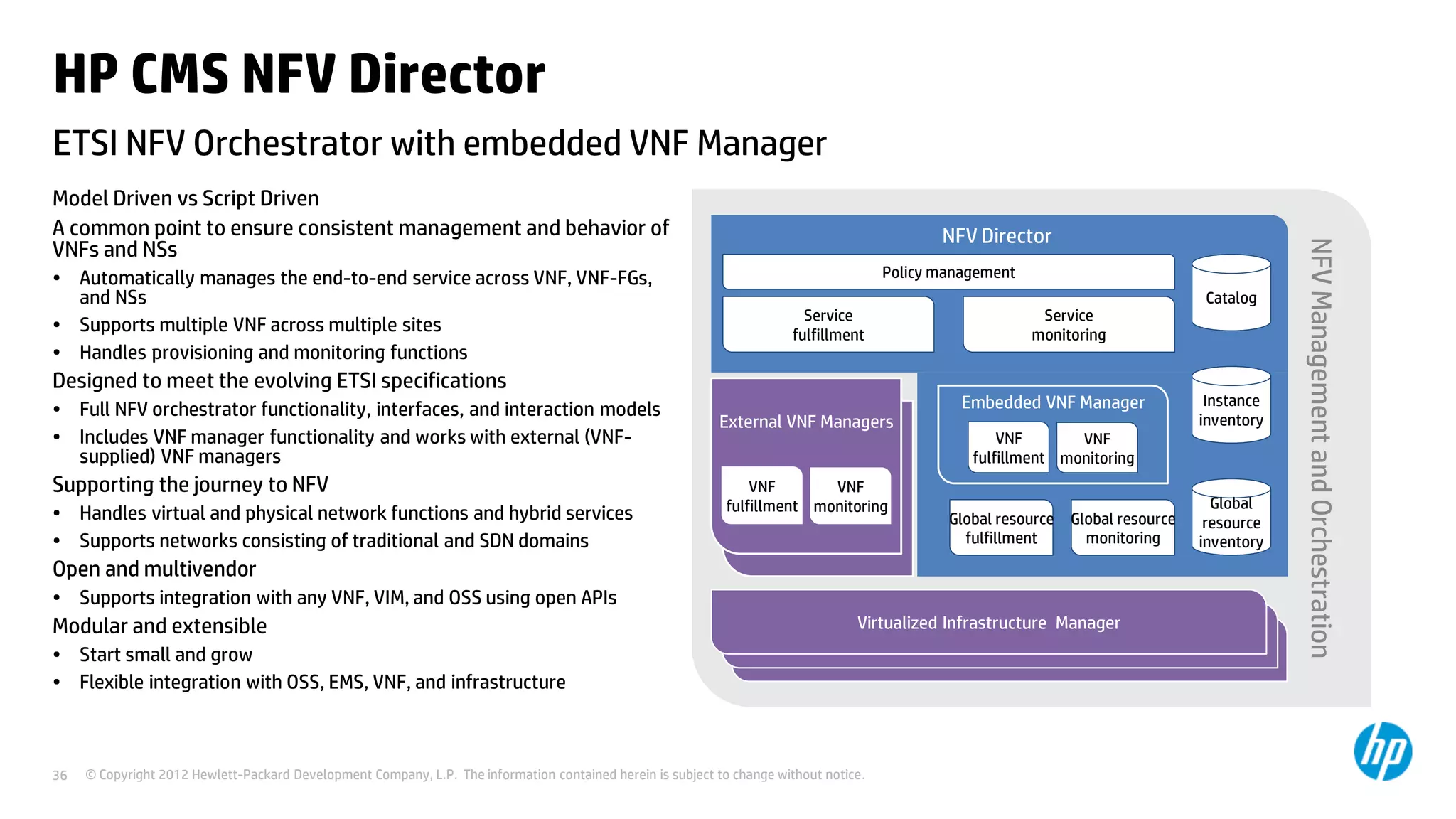 © Copyright 2012 Hewlett-Packard Development Company, L.P. The information contained herein is subject to change without notice.36
NFVManagementandOrchestration
HP CMS NFV Director
Model Driven vs Script Driven
A common point to ensure consistent management and behavior of
VNFs and NSs
• Automatically manages the end-to-end service across VNF, VNF-FGs,
and NSs
• Supports multiple VNF across multiple sites
• Handles provisioning and monitoring functions
Designed to meet the evolving ETSI specifications
• Full NFV orchestrator functionality, interfaces, and interaction models
• Includes VNF manager functionality and works with external (VNF-
supplied) VNF managers
Supporting the journey to NFV
• Handles virtual and physical network functions and hybrid services
• Supports networks consisting of traditional and SDN domains
Open and multivendor
• Supports integration with any VNF, VIM, and OSS using open APIs
Modular and extensible
• Start small and grow
• Flexible integration with OSS, EMS, VNF, and infrastructure
ETSI NFV Orchestrator with embedded VNF Manager
NFV Director
Policy management
Service
fulfillment
Service
monitoring
Global resource
fulfillment
Global resource
monitoring
Virtualized Infrastructure Manager
Catalog
Global
resource
inventory
Instance
inventory
VNF
fulfillment
VNF
monitoring
External VNF Managers
Embedded VNF Manager
VNF
fulfillment
VNF
monitoring
 