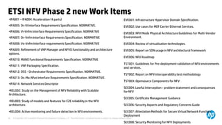 © Copyright 2012 Hewlett-Packard Development Company, L.P. The information contained herein is subject to change without notice.28
ETSI NFV Phase 2 new Work Items
•IFA001 – IFA004: Acceleration (4 parts)
•IFA005: Or-Vi Interface Requirements Specification. NORMATIVE.
•IFA006: Vi-Vnfm Interface Requirements Specification. NORMATIVE
•IFA007: Or-Vnfm Interface Requirements Specification. NORMATIVE
•IFA008: Ve-Vnfm Interface requirements Specification. NORMATIVE
•IFA009: Refinement of VNF Manager and NFVO functionality and architecture
options.
•IFA010: MANO Functional Requirements Specification. NORMATIVE
•IFA011: VNF Packaging Specification.
•IFA012: OSS - Orchestrator Requirements Specification. NORMATIVE.
•IFA013: Os-Ma-Nfvo Interface Requirements Specification. NORMATIVE.
•IFA014: Network Services Descriptor
•REL002: Study on the Management of NFV Reliability with Scalable
Architecture.
•REL003: Study of models and features for E2E reliability in the NFV
architecture.
•REL004: Active monitoring and failure detection in NFV environments.
EVE001: Infrastructure Hypervisor Domain Specification.
EVE002: Use cases for MEF Carrier Ethernet Services.
EVE003: NFVI Node Physical Architecture Guidelines for Multi-Vendor
Environment.
EVE004: Review of virtualisation technologies.
EVE005: Report on SDN usage in NFV architectural framework
EVE006: NFV Roadmap
TST001: Guidelines for Pre-deployment validation of NFV environments
and services.
TST002: Report on NFV interoperability test methodology
TST003: Opensource Components for NFV.
SEC004: Lawful Interception - problem statement and consequences
for NFV
SEC005: Certificate Management Guidance
SEC006: Security Aspects and Regulatory Concerns Guide
SEC007: Attestation Methods for Secure Virtual Network Function
Deployment
SEC008: Security Monitoring for NFV Deployments
 