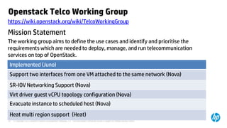 © Copyright 2012 Hewlett-Packard Development Company, L.P. The information contained herein is subject to change without notice.29
Openstack Telco Working Group
https://wiki.openstack.org/wiki/TelcoWorkingGroup
The working group aims to define the use cases and identify and prioritise the
requirements which are needed to deploy, manage, and run telecommunication
services on top of OpenStack.
Mission Statement
Implemented (Juno)
Support two interfaces from one VM attached to the same network (Nova)
SR-IOV Networking Support (Nova)
Virt driver guest vCPU topology configuration (Nova)
Evacuate instance to scheduled host (Nova)
Heat multi region support (Heat)
 