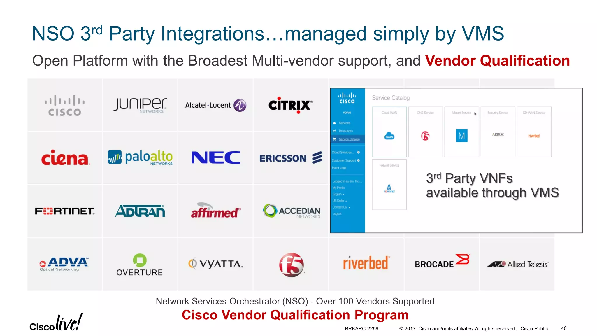 © 2017 Cisco and/or its affiliates. All rights reserved. Cisco Public
NSO 3rd Party Integrations…managed simply by VMS
Open Platform with the Broadest Multi-vendor support, and Vendor Qualification
Network Services Orchestrator (NSO) - Over 100 Vendors Supported
Cisco Vendor Qualification Program
3rd Party VNFs
available through VMS
BRKARC-2259 40
 