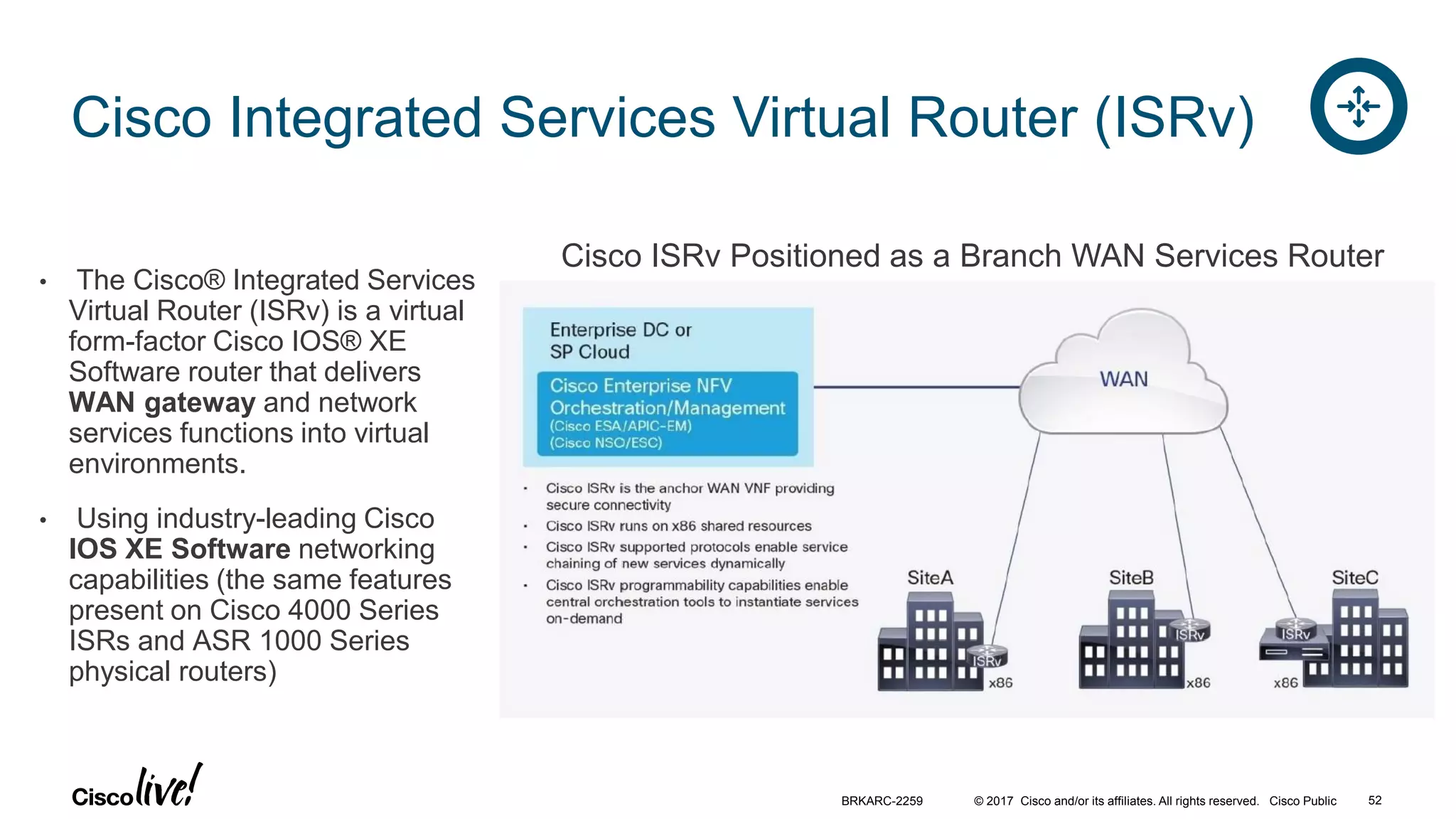 © 2017 Cisco and/or its affiliates. All rights reserved. Cisco Public
Cisco Integrated Services Virtual Router (ISRv)
• The Cisco® Integrated Services
Virtual Router (ISRv) is a virtual
form-factor Cisco IOS® XE
Software router that delivers
WAN gateway and network
services functions into virtual
environments.
• Using industry-leading Cisco
IOS XE Software networking
capabilities (the same features
present on Cisco 4000 Series
ISRs and ASR 1000 Series
physical routers)
Cisco ISRv Positioned as a Branch WAN Services Router
BRKARC-2259 52
 