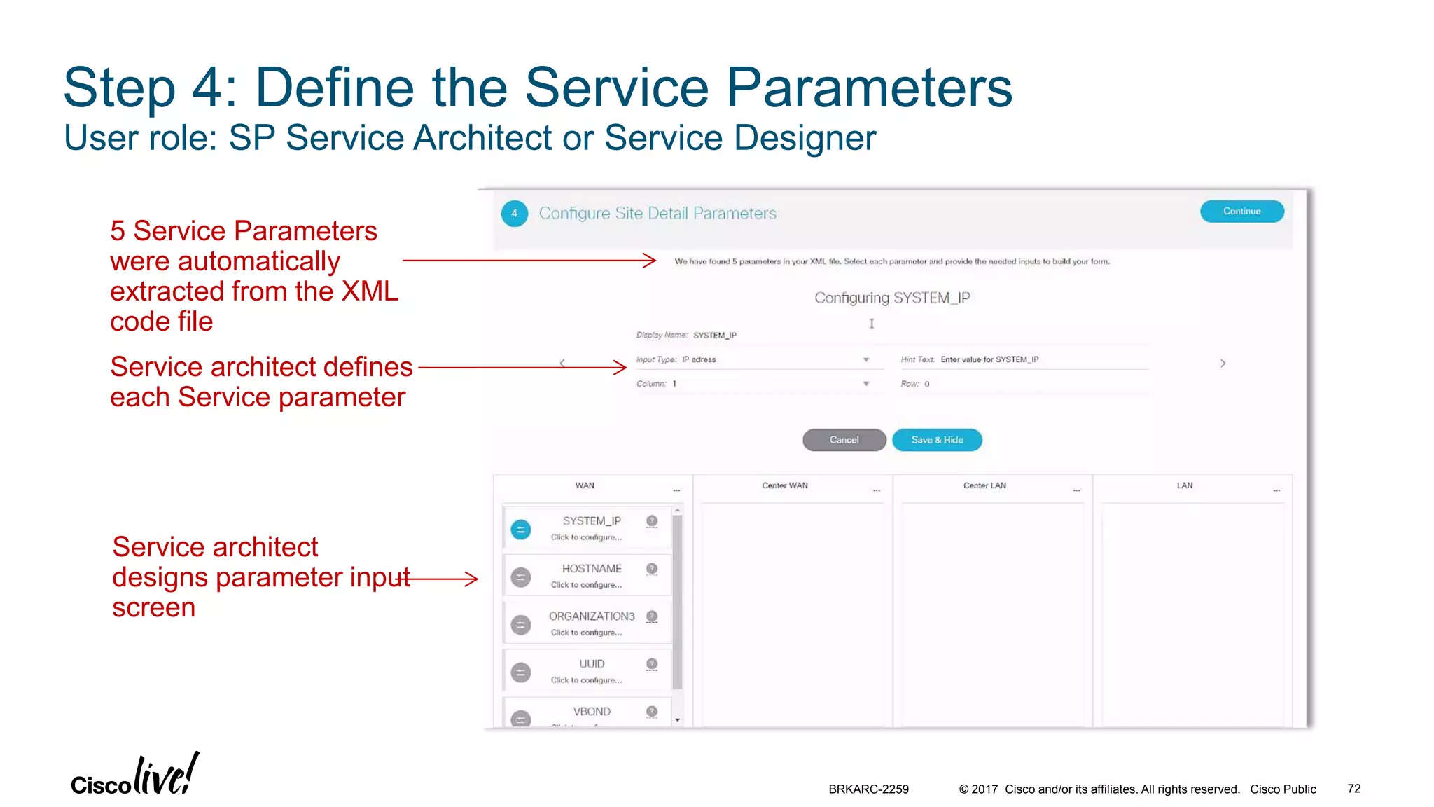 © 2017 Cisco and/or its affiliates. All rights reserved. Cisco Public 72BRKARC-2259
Step 4: Define the Service Parameters
User role: SP Service Architect or Service Designer
5 Service Parameters
were automatically
extracted from the XML
code file
Service architect defines
each Service parameter
Service architect
designs parameter input
screen
 