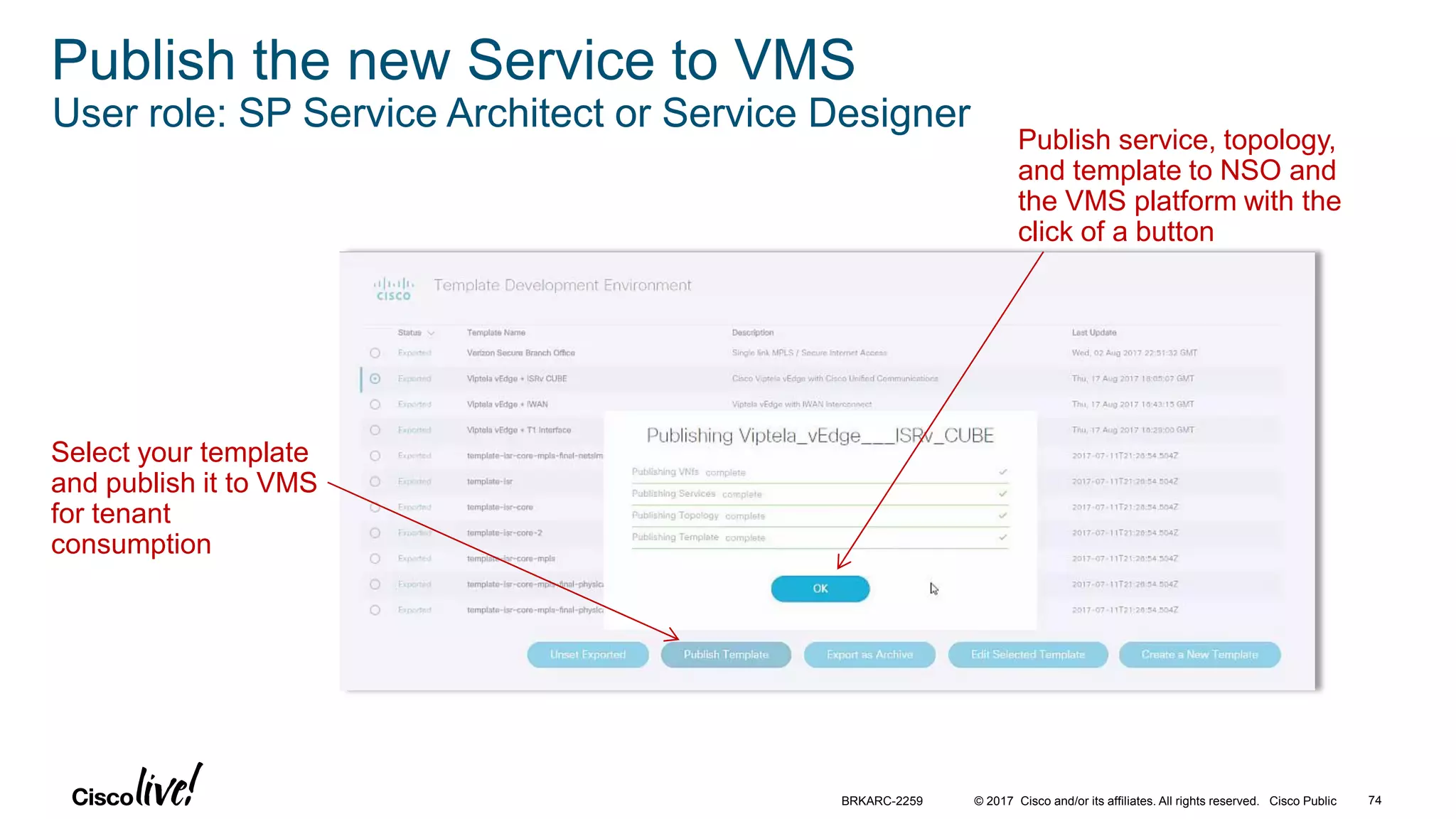 © 2017 Cisco and/or its affiliates. All rights reserved. Cisco Public 74BRKARC-2259
Publish the new Service to VMS
User role: SP Service Architect or Service Designer
Select your template
and publish it to VMS
for tenant
consumption
Publish service, topology,
and template to NSO and
the VMS platform with the
click of a button
 