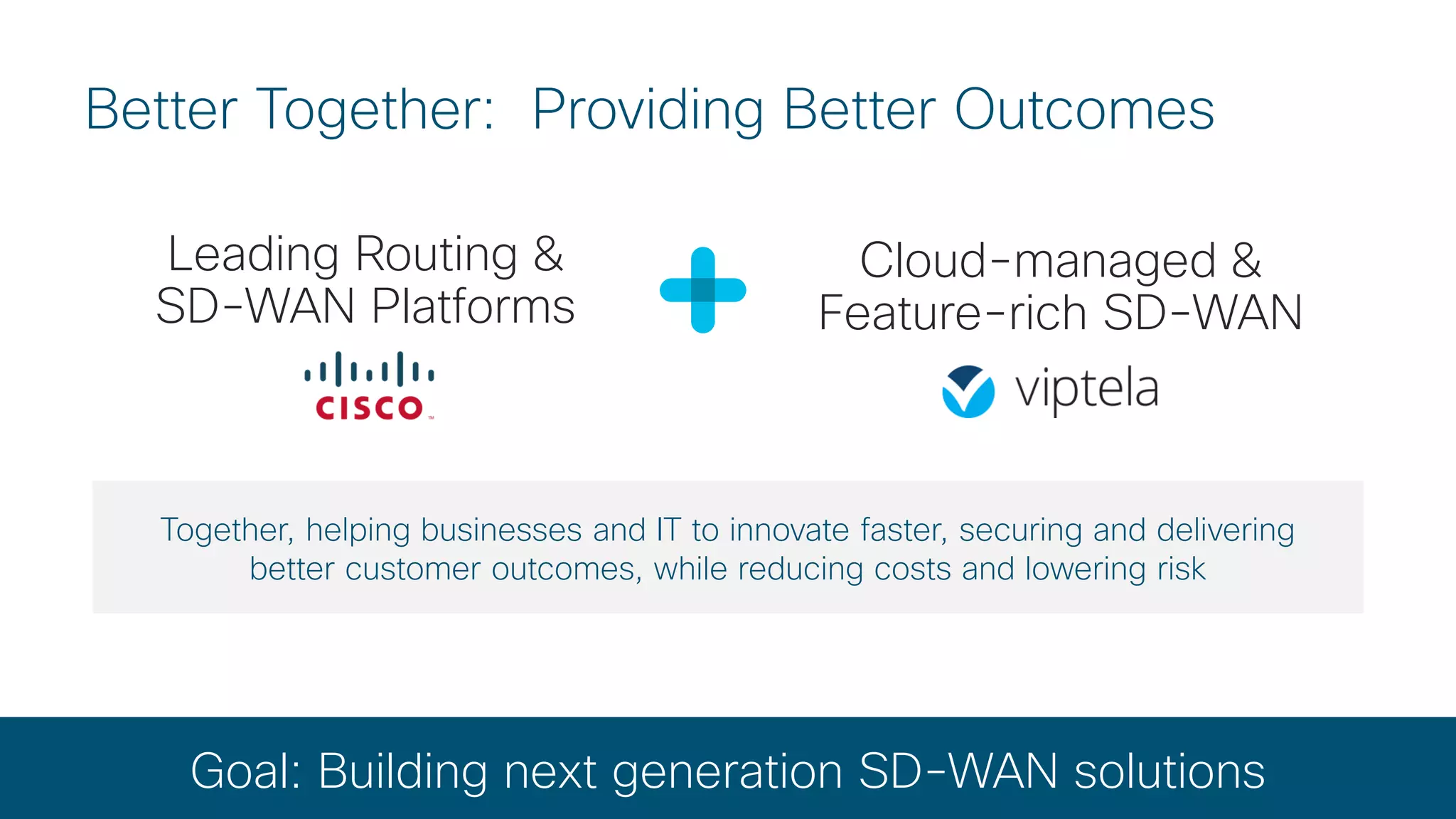© 2017 Cisco and/or its affiliates. All rights reserved. Cisco Confidential
Better Together: Providing Better Outcomes
Leading Routing &
SD-WAN Platforms
Goal: Building next generation SD-WAN solutions
Together, helping businesses and IT to innovate faster, securing and delivering
better customer outcomes, while reducing costs and lowering risk
Cloud-managed &
Feature-rich SD-WAN
 