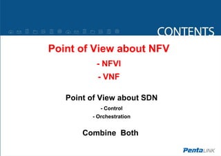 Point of View about NFV
- NFVI
- VNF
Point of View about SDN
- Control
- Orchestration
Combine Both
 