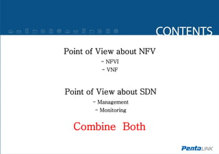 Point of View about NFV
- NFVI
- VNF
Point of View about SDN
- Management
- Monitoring
Combine Both
 