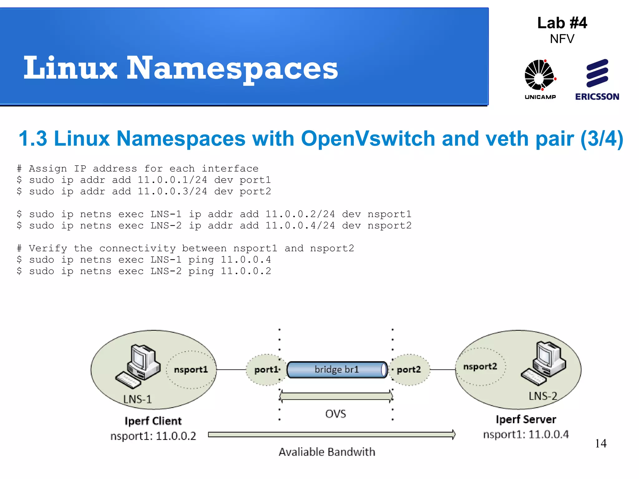 Linux Namespaces 
1.3 Linux Namespaces with OpenVswitch and veth pair (3/4) 
14 
Lab #4 
NFV 
# Assign IP address for each interface 
$ sudo ip addr add 11.0.0.1/24 dev port1 
$ sudo ip addr add 11.0.0.3/24 dev port2 
$ sudo ip netns exec LNS-1 ip addr add 11.0.0.2/24 dev nsport1 
$ sudo ip netns exec LNS-2 ip addr add 11.0.0.4/24 dev nsport2 
# Verify the connectivity between nsport1 and nsport2 
$ sudo ip netns exec LNS-1 ping 11.0.0.4 
$ sudo ip netns exec LNS-2 ping 11.0.0.2 
 