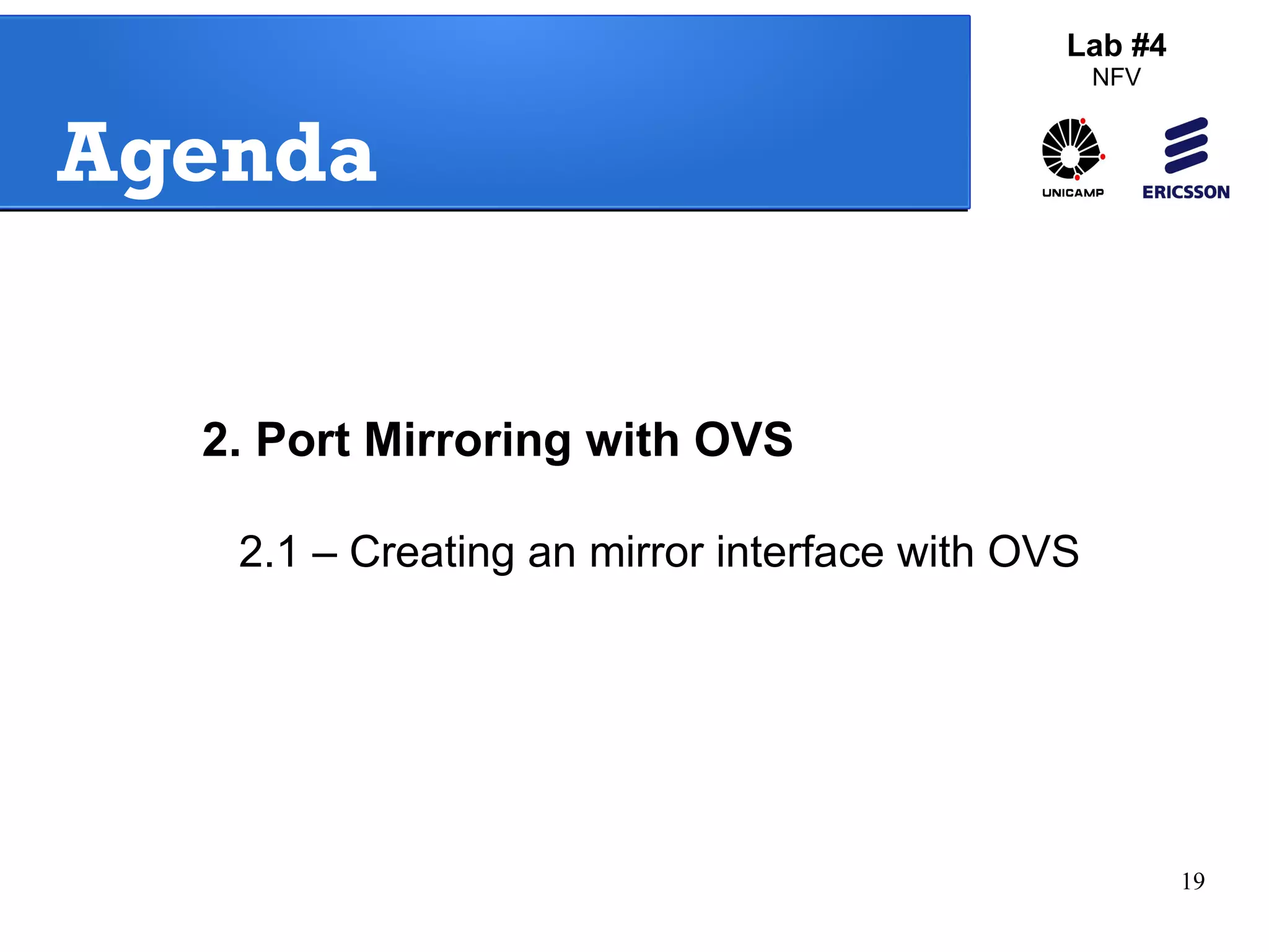 19 
Agenda 
Lab #4 
NFV 
2. Port Mirroring with OVS 
2.1 – Creating an mirror interface with OVS 
 