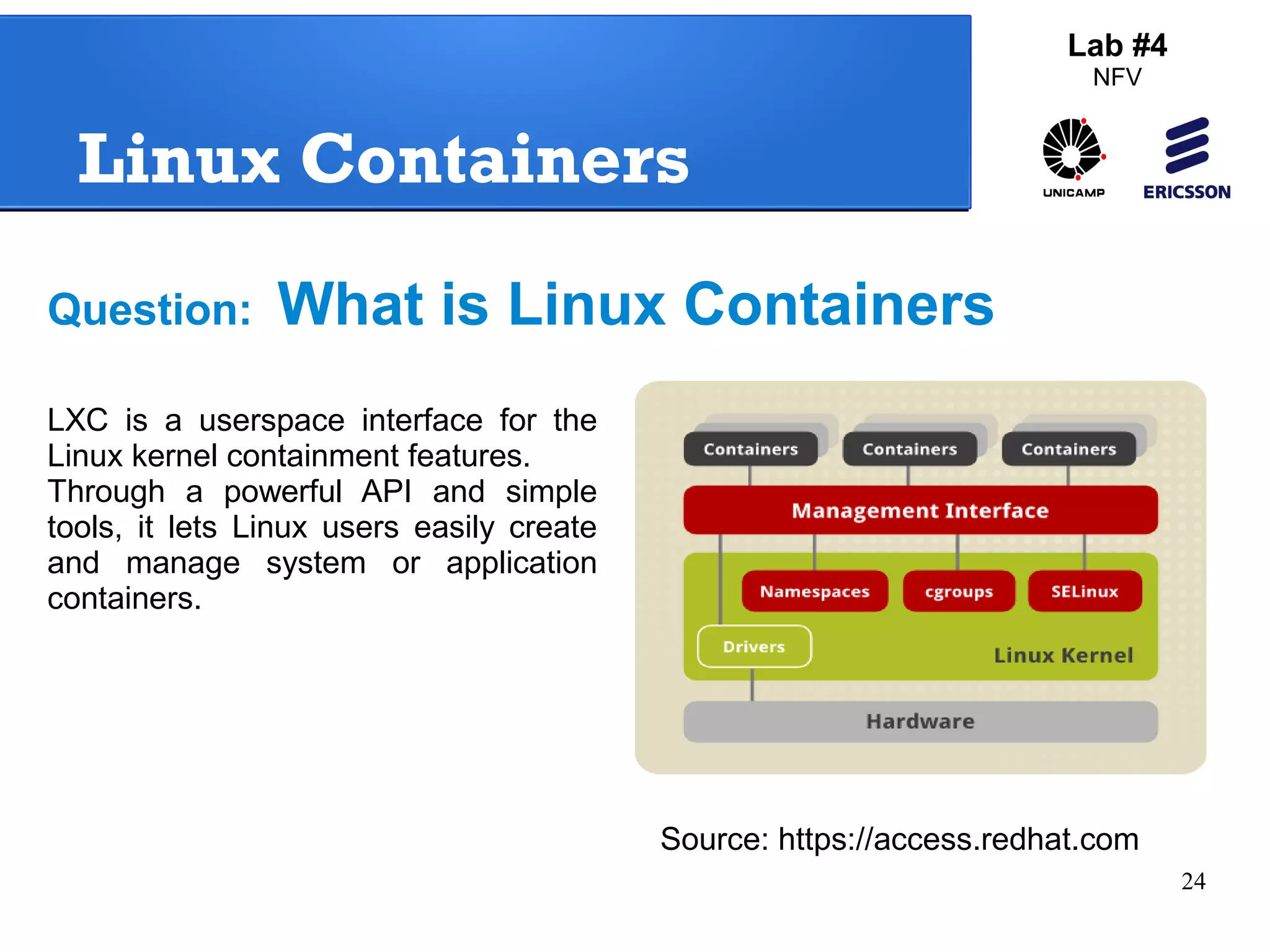 24 
Linux Containers 
Lab #4 
NFV 
Question: What is Linux Containers 
Source: https://access.redhat.com 
LXC is a userspace interface for the 
Linux kernel containment features. 
Through a powerful API and simple 
tools, it lets Linux users easily create 
and manage system or application 
containers. 
 