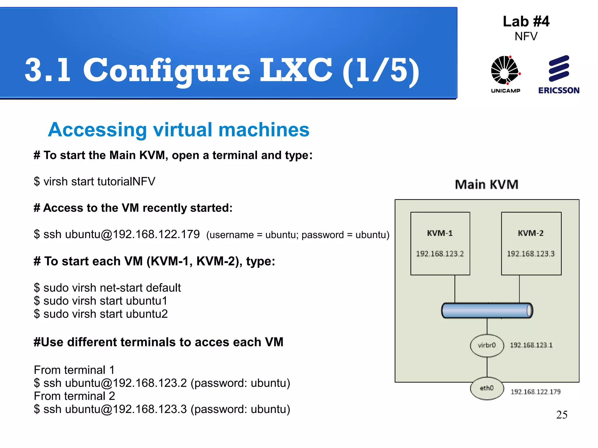 25 
Lab #4 
NFV 
3.1 Configure LXC (1/5) 
Accessing virtual machines 
# To start the Main KVM, open a terminal and type: 
$ virsh start tutorialNFV 
# Access to the VM recently started: 
$ ssh ubuntu@192.168.122.179 (username = ubuntu; password = ubuntu) 
# To start each VM (KVM-1, KVM-2), type: 
$ sudo virsh net-start default 
$ sudo virsh start ubuntu1 
$ sudo virsh start ubuntu2 
#Use different terminals to acces each VM 
From terminal 1 
$ ssh ubuntu@192.168.123.2 (password: ubuntu) 
From terminal 2 
$ ssh ubuntu@192.168.123.3 (password: ubuntu) 
 