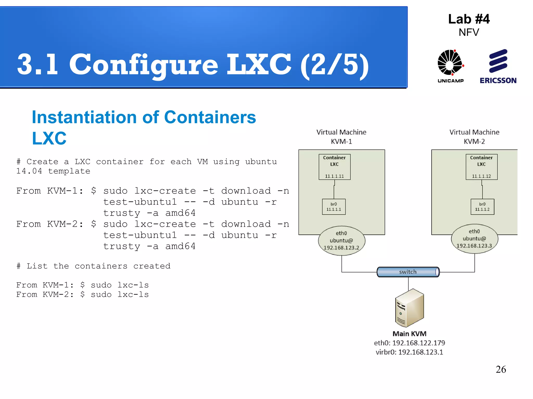26 
Lab #4 
NFV 
3.1 Configure LXC (2/5) 
Instantiation of Containers 
LXC 
# Create a LXC container for each VM using ubuntu 
14.04 template 
From KVM-1: $ sudo lxc-create -t download -n 
test-ubuntu1 -- -d ubuntu -r 
trusty -a amd64 
From KVM-2: $ sudo lxc-create -t download -n 
test-ubuntu1 -- -d ubuntu -r 
trusty -a amd64 
# List the containers created 
From KVM-1: $ sudo lxc-ls 
From KVM-2: $ sudo lxc-ls 
 