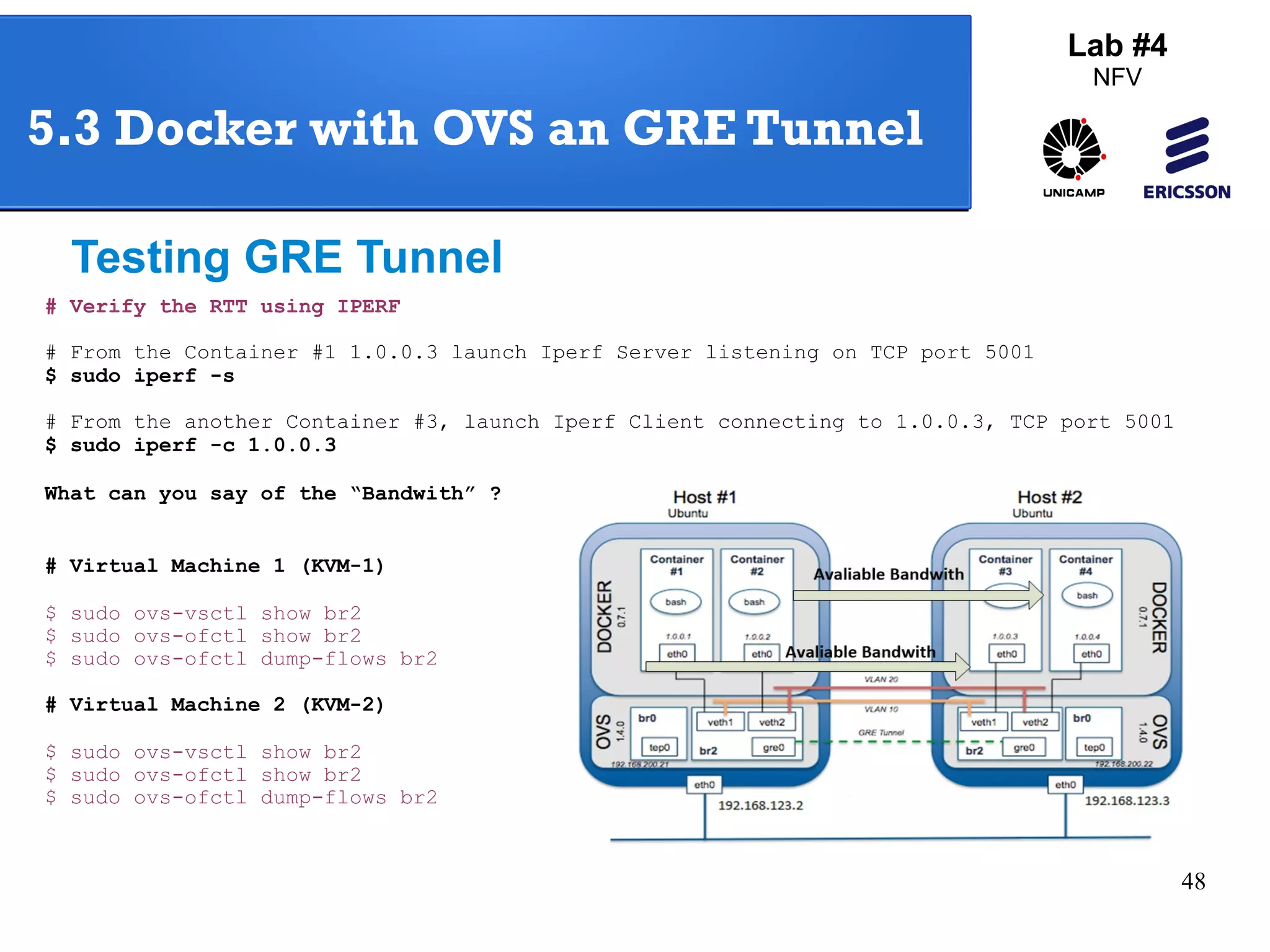 48 
5.3 Docker with OVS an GRE Tunnel 
Testing GRE Tunnel 
# Verify the RTT using IPERF 
# From the Container #1 1.0.0.3 launch Iperf Server listening on TCP port 5001 
$ sudo iperf -s 
# From the another Container #3, launch Iperf Client connecting to 1.0.0.3, TCP port 5001 
$ sudo iperf -c 1.0.0.3 
What can you say of the “Bandwith” ? 
# Virtual Machine 1 (KVM-1) 
$ sudo ovs-vsctl show br2 
$ sudo ovs-ofctl show br2 
$ sudo ovs-ofctl dump-flows br2 
# Virtual Machine 2 (KVM-2) 
$ sudo ovs-vsctl show br2 
$ sudo ovs-ofctl show br2 
$ sudo ovs-ofctl dump-flows br2 
Lab #4 
NFV 
 