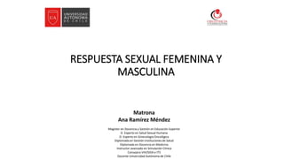 RESPUESTA SEXUAL FEMENINA Y
MASCULINA
Matrona
Ana Ramírez Méndez
Magister en Docencia y Gestión en Educación Superior
D. Experto en Salud Sexual Humana
D. Experto en Ginecología Oncológica
Diplomada en Gestión Instituciones de Salud
Diplomada en Docencia en Medicina
Instructor avanzado en Simulación Clínica
Consejera VIH/SIDA e ITS
Docente Universidad Autónoma de Chile
 