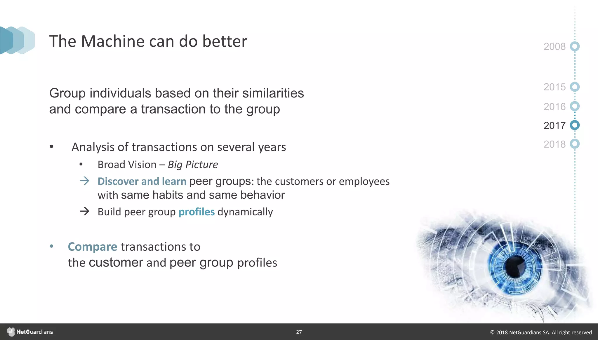 © 2018 NetGuardians SA. All right reserved27
The Machine can do better
Group individuals based on their similarities
and compare a transaction to the group
• Analysis of transactions on several years
• Broad Vision – Big Picture
 Discover and learn peer groups: the customers or employees
with same habits and same behavior
 Build peer group profiles dynamically
• Compare transactions to
the customer and peer group profiles
2008
2015
2016
2017
2018
 