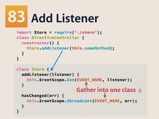Add Listener
import Store = require('./store');
class DirectiveController {
constructor() {
Store.addListener(this.someMethod);
}
}
!
class Store {
addListener(listener) {
this.$rootScope.$on(EVENT_NAME, listener);
}
!
hasChanged(err) {
this.$rootScope.$broadcast(EVENT_NAME, err);
}
}
Gather into one class ✌️
 