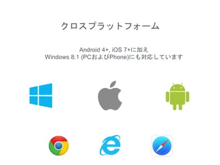 クロスプラットフォーム
Android 4+, iOS 7+に加え
Windows 8.1 (PCおよびPhone)にも対応しています
 
