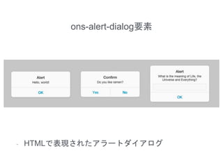 ons-alert-dialog要素
- HTMLで表現されたアラートダイアログ
 