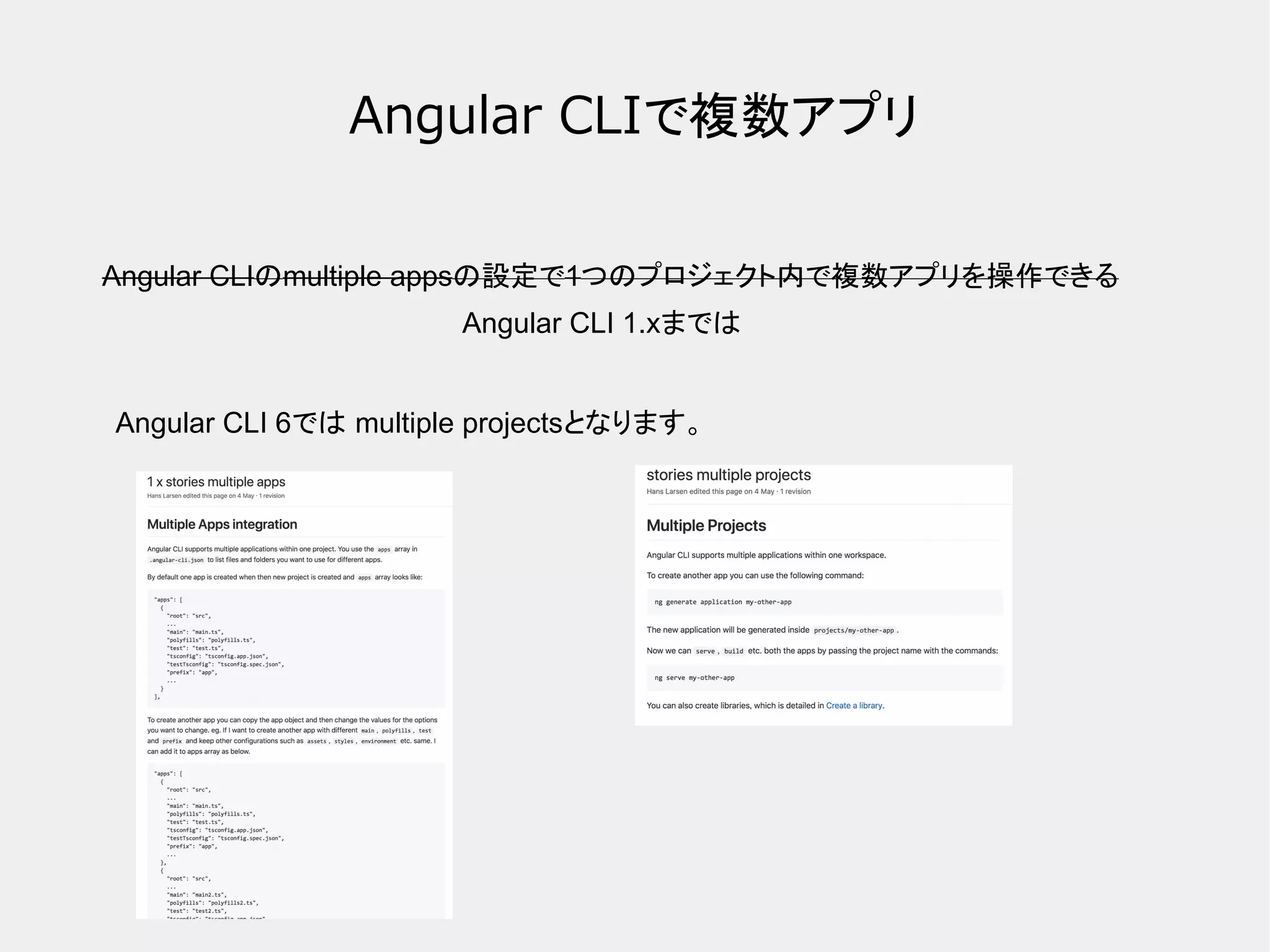 Angular CLIで複数アプリ Angular CLIのmultiple appsの設定で1つのプロジェクト内で複数アプリを操作できる Angular CLI 1.xまでは Angular CLI 6では multiple projectsとなります。 