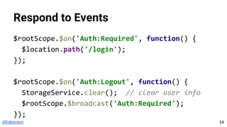 @hakanson
Respond to Events
$rootScope.$on('Auth:Required', function() {
$location.path('/login');
});
$rootScope.$on('Auth:Logout', function() {
StorageService.clear(); // clear user info
$rootScope.$broadcast('Auth:Required');
});
34
 