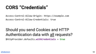 @hakanson
CORS “Credentials”
Access-Control-Allow-Origin: https://example.com
Access-Control-Allow-Credentials: true
Should you send Cookies and HTTP
Authentication data with all requests?
$httpProvider.defaults.withCredentials = true
54
 
