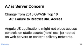 @hakanson
A7 is Server Concern
Change from 2010 OWASP Top 10
A8: Failure to Restrict URL Access
AngularJS applications might not place access
controls on static assets (html, css, js) hosted
on web servers or content delivery networks.
62
 
