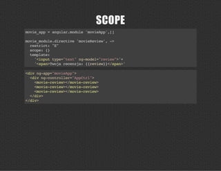 SCOPE
movie_app=angular.module'movieApp',[]
movie_module.directive'movieReview',->
restrict:"E"
scope:{}
template:
'<inputtype="text"ng-model="review">'+
'<span>Twojarecenzja:{{review}}</span>'
<divng-app="movieApp">
<divng-controller="AppCtrl">
<movie-review></movie-review>
<movie-review></movie-review>
<movie-review></movie-review>
</div>
</div>
 