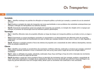 Os Transportes:  Sociedade: Tipo I  -  Identifico mudanças nos padrões de utilização no transporte público e privado (por exemplo, o aumento do uso do automóvel privado). Tipo II  -Exploro a evolução dos meios de transportes com novas oportunidades e novos problemas das sociedades contemporâneas (por exemplo a utilização do metropolitano nos contextos urbanos). Tipo III  -Compreendo consequências sociais da evolução dos transportes, em particular, na mutação das relações entre os espaços (por exemplo, os processos de apropriação local de fenómenos globais: glocalização). Tecnologia Tipo I  – Identifico diferentes meios de propulsão utilizados ao longo dos tempos em transportes públicos ou privados na terra, na água e no ar. Tipo II  -Compreendo os avanços tecnológicos associados ao aparecimento e ao desenvolvimento dos diferentes meios de propulsão, explicitando o princípio básico de funcionamento de cada um deles (por exemplo, bicicleta e moto, barco a motor e à vela, foguetão e avião, etc.).  Tipo III  - Relaciono a evolução presente e futura dos sistemas de propulsão com a necessidade de obter melhores desempenhos, menores níveis de poluição ambiental, etc. Ciência Tipo I  - Identifico com precisão as características dos movimentos: rectilíneos uniformes, acelerados e circulares (por exemplo, automóvel a velocidade constante, automóvel a travar e automóvel a dar uma curva), assim como a noção de taxa de variação média e instantânea. Tipo II  - Aplico as definições de posição, velocidade, aceleração, força, força centrifuga e força de atrito à descrição dos movimentos relacionando-as através da noção de derivada. Tipo III  -Reconheço o papel das várias grandezas físicas na descrição dos movimentos reais (por exemplo, explicito a necessidade de existir atrito para o movimento e travagem de um automóvel ou relevé nas curvas da estrada que contraria a força centrífuga) e sou capaz de, perante diferentes taxas de variação média, decidir quais os movimentos mais acelerados e mais retardados. Voltar CSP 