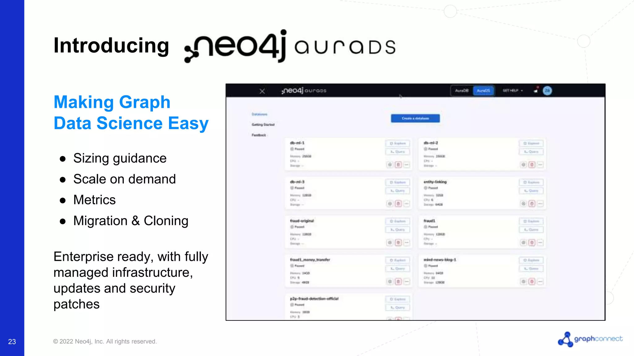 © 2022 Neo4j, Inc. All rights reserved. 23 Introducing Making Graph Data Science Easy ● Sizing guidance ● Scale on demand ● Metrics ● Migration & Cloning Enterprise ready, with fully managed infrastructure, updates and security patches 