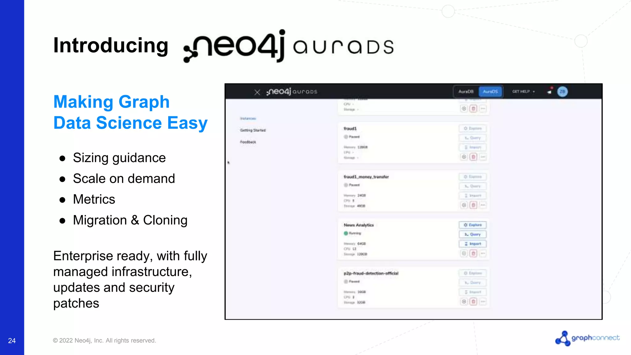© 2022 Neo4j, Inc. All rights reserved. 24 Introducing Making Graph Data Science Easy ● Sizing guidance ● Scale on demand ● Metrics ● Migration & Cloning Enterprise ready, with fully managed infrastructure, updates and security patches 