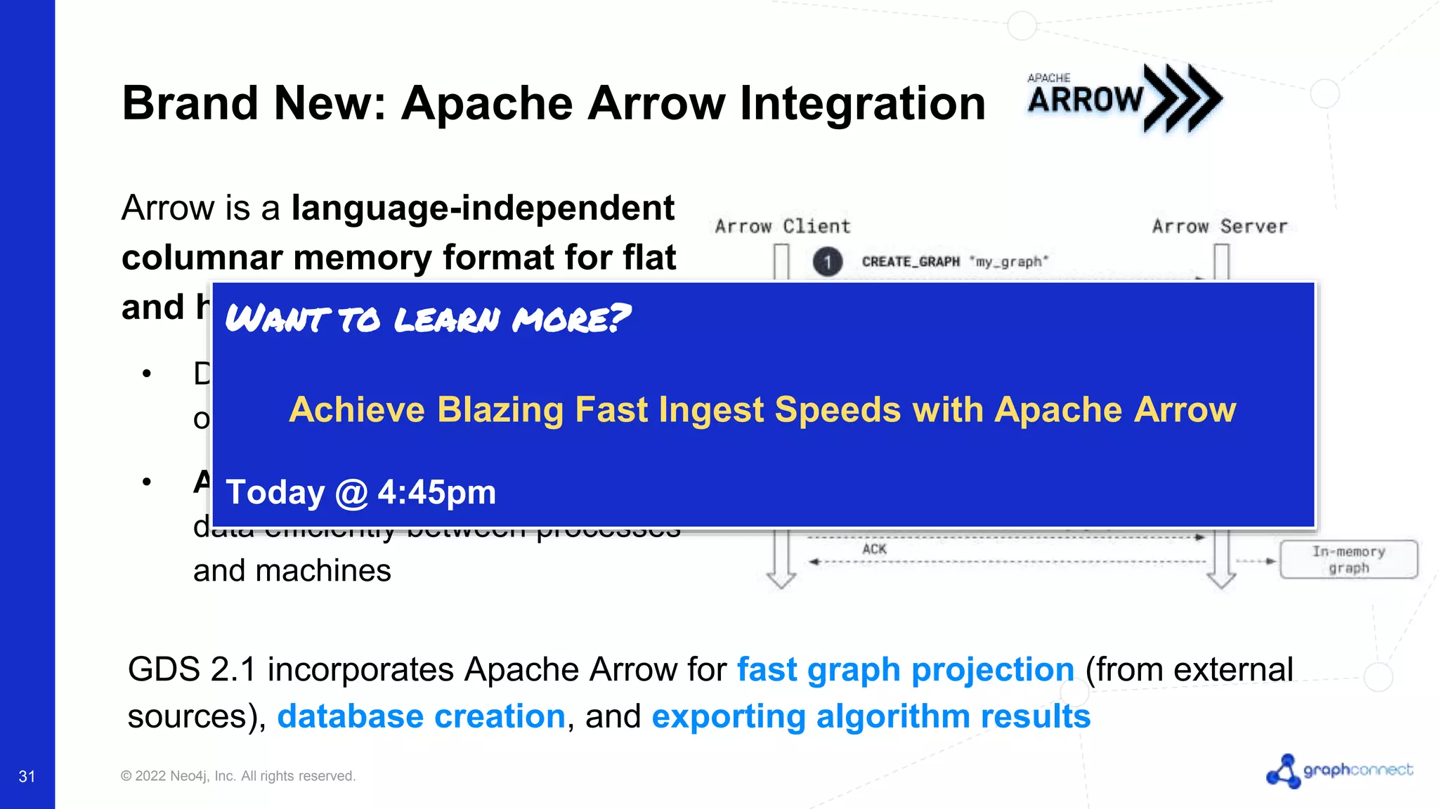 © 2022 Neo4j, Inc. All rights reserved. 31 Brand New: Apache Arrow Integration Arrow is a language-independent columnar memory format for flat and hierarchical data: • Data is organized for efficient analytic operations on CPU and GPU • Arrow Flight is used to move Arrow data efficiently between processes and machines GDS 2.1 incorporates Apache Arrow for fast graph projection (from external sources), database creation, and exporting algorithm results Want to learn more? Achieve Blazing Fast Ingest Speeds with Apache Arrow Today @ 4:45pm 