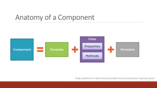 Anatomy of a Component
Image grabbed from: https://www.pluralsight.com/courses/angular-2-getting-started
 