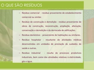 O QUE SÃO RESÍDUOS 
– Resíduo comercial - resíduo proveniente de estabelecimento 
comercial ou similar. 
– Resíduo de construção e demolição - resíduo proveniente de 
obras de construção, reconstrução, ampliação, alteração, 
conservação e demolição e da derrocada de edificações. 
– Resíduo doméstico - proveniente de habitações ou similares. 
– Resíduo hospitalar - resultante de atividades médicas 
desenvolvidas em unidades de prestação de cuidados de 
saúde e outras. 
– Resíduo industrial - resulta de processos produtivos 
industriais, bem como das atividades relativas à eletricidade, 
gás e água. 
 