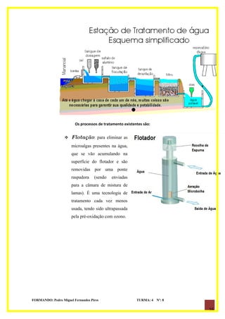 Os processos de tratamento existentes são:


                     Flotação: para eliminar as
                      microalgas presentes na água,
                      que se vão acumulando na
                      superfície do flotador e são
                      removidas por uma ponte
                      raspadora    (sendo   enviadas
                      para a câmara de mistura de
                      lamas). É uma tecnologia de
                      tratamento cada vez menos
                      usada, tendo sido ultrapassada
                      pela pré-oxidação com ozono.




FORMANDO: Pedro Miguel Fernandes Pires                    TURMA: 4   Nº: 8

                                                                             16
 