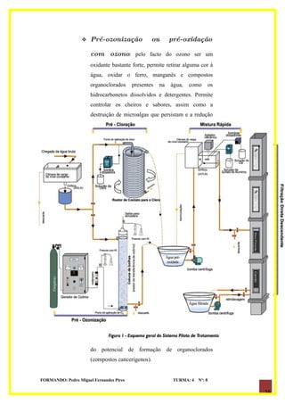    Pré-ozonização             ou       pré-oxidação

                      com ozono: pelo facto do ozono ser um
                      oxidante bastante forte, permite retirar alguma cor à
                      água, oxidar o ferro, manganês e compostos
                      organoclorados     presentes   na   água,   como        os
                      hidrocarbonetos dissolvidos e detergentes. Permite
                      controlar os cheiros e sabores, assim como a
                      destruição de microalgas que persistam e a redução




                      do potencial de formação de organoclorados
                      (compostos cancerígenos).


FORMANDO: Pedro Miguel Fernandes Pires                     TURMA: 4   Nº: 8

                                                                                   16
 