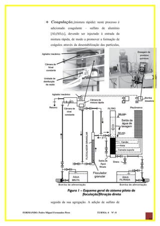    Coagulação (mistura rápida): neste processo é
                      adicionado coagulante – sulfato de alumínio
                      [Al2(SO4)3], devendo ser injectado à entrada da
                      mistura rápida, de modo a promover a formação de
                      coágulos através da desestabilização das partículas,




                      seguida da sua agregação. A adição de sulfato de


FORMANDO: Pedro Miguel Fernandes Pires                   TURMA: 4   Nº: 8

                                                                             16
 
