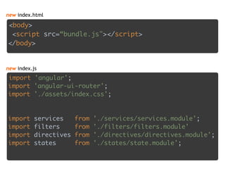 <body>
<script src=“bundle.js"></script>
</body>
new index.html
import 'angular'; 
import 'angular-ui-router'; 
import './assets/index.css'; 
 
 
import services from './services/services.module'; 
import filters from './filters/filters.module' 
import directives from './directives/directives.module'; 
import states from './states/state.module';
new index.js
 