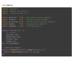 new index.js
import 'angular'; 
import 'angular-ui-router'; 
import ‘./assets/index.css';
 
import services from './services/services.module'; 
import filters from './filters/filters.module' 
import directives from './directives/directives.module'; 
import states from './states/state.module'; 
import {routes} from './config/routes'; 
 
angular.module('app', [ 
'ui.router', 
services.name, 
directives.name, 
filters.name, 
states.name
]).config(routes); 
 
// bootstrap angular 
angular.element(document).ready(function () { 
angular.bootstrap(document, ['app']); 
});
 